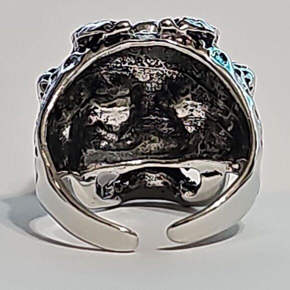 Mens Gothic Skull Ring Green Eyes W/Engraving Skulls Adjustable Open Band Alloy - Picture 4 of 6